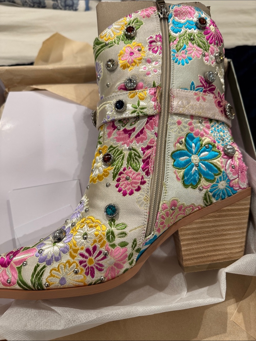MiiM Florence Floral Embroidered White Ankle Boot with Multicolor Jewels